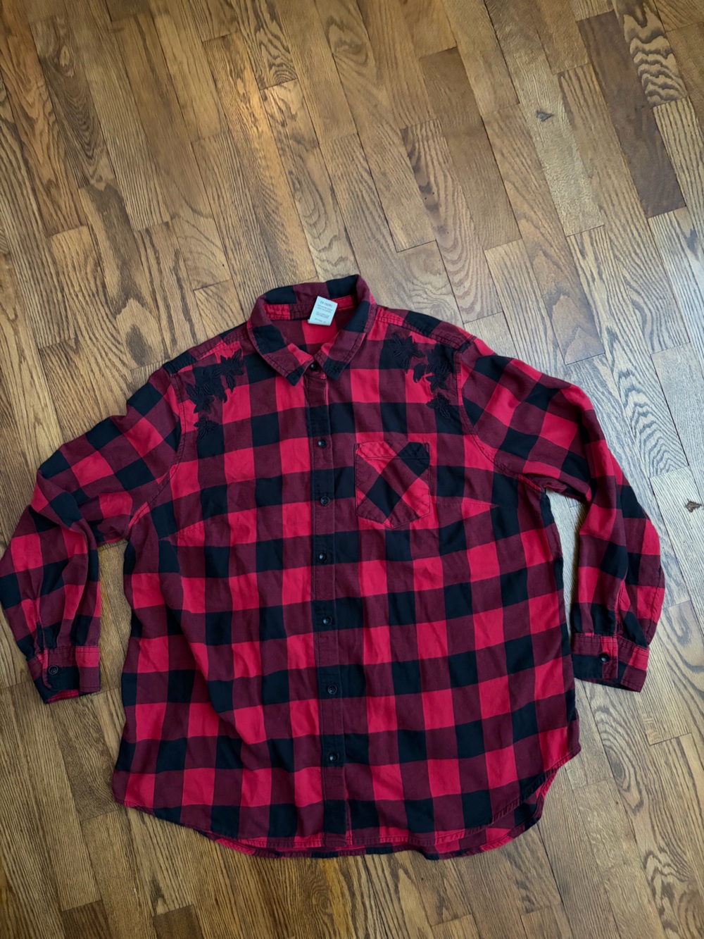 Faded Glory Red Black Buffalo Check Plaid Shirt Floral Embroidery Women's 1X